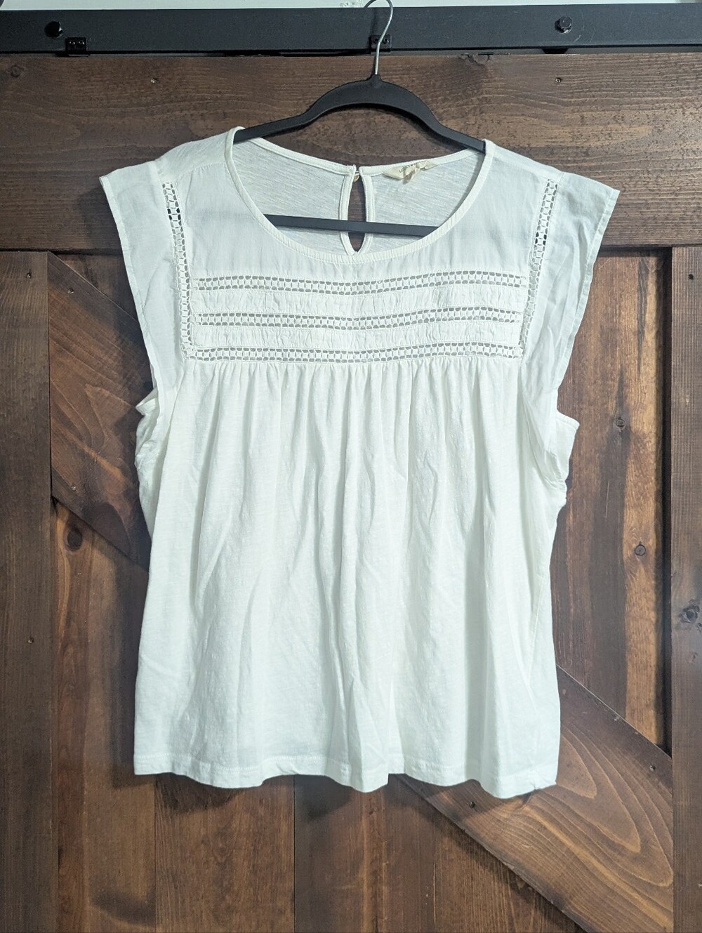 Lucky Brand White Cotton Flutter Sleeve Boho Peasant Top Size Large